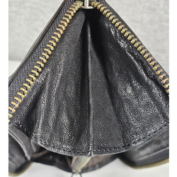 ALL SAINTS DARK BROWN ZIP-AROUND LEATHER WALLET ZIPPER 8" x 4" BRASS LOCK CHARM - Picture 9 of 12